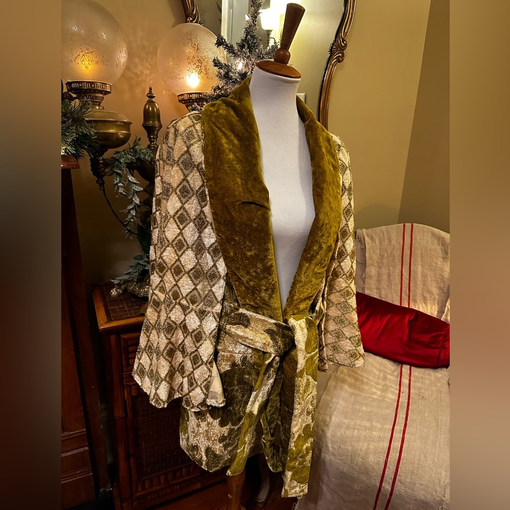 One of a kind vintage velvet chartreuse green, gold & cream cape coat & belt